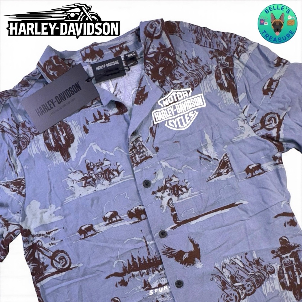 Harley-Davidson Shirt Men Small Sturgis Aloha Blue Rayon Motorcycle Vacation